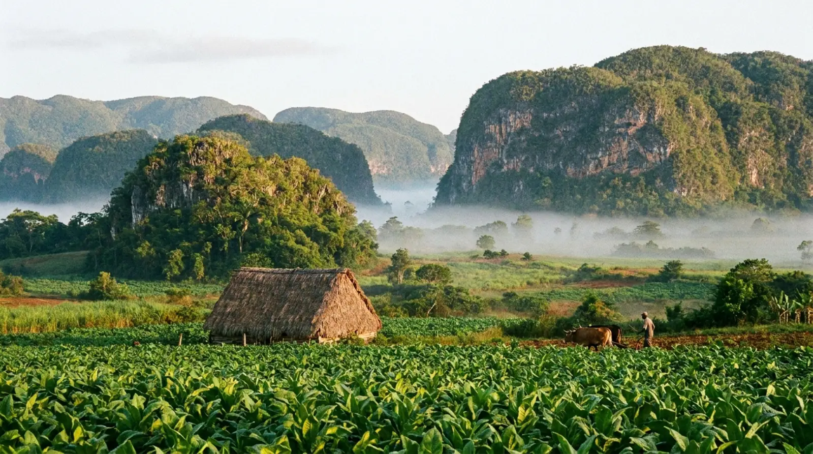 Vallée de Viñales au lever du jour, buttes calcaires boisées, champs de tabac et séchoir au toit de palme.
