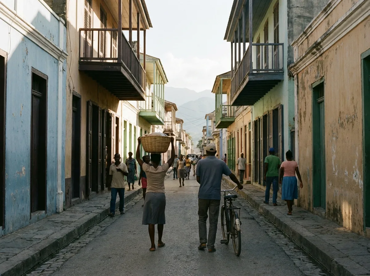 Femme portant un panier sur la tête et homme poussant un vélo dans une rue de Cap-Haïtien, entre des façades pastel à balcons, le matin.
