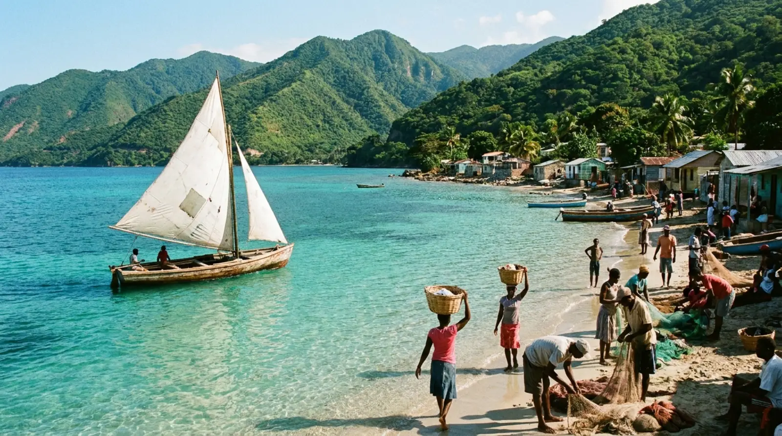 Baie turquoise de la côte nord d'Haïti avec un voilier traditionnel en bois et des montagnes plongeant dans la mer.