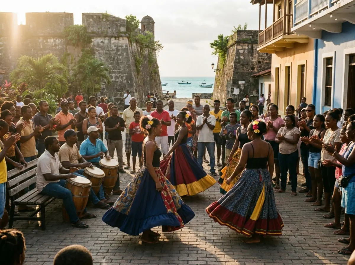 Danseuses en longues jupes colorées, fleurs dans les cheveux, joueurs de tambour et public en cercle devant des remparts de pierre à Portobelo.