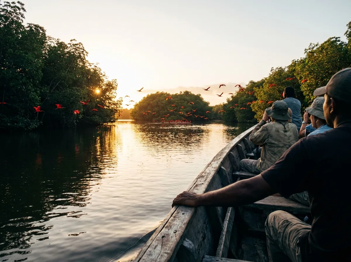 Ibis rouges en vol au-dessus de la mangrove du marais de Caroni, vus depuis une barque en bois où des passagers observent, au coucher du soleil.