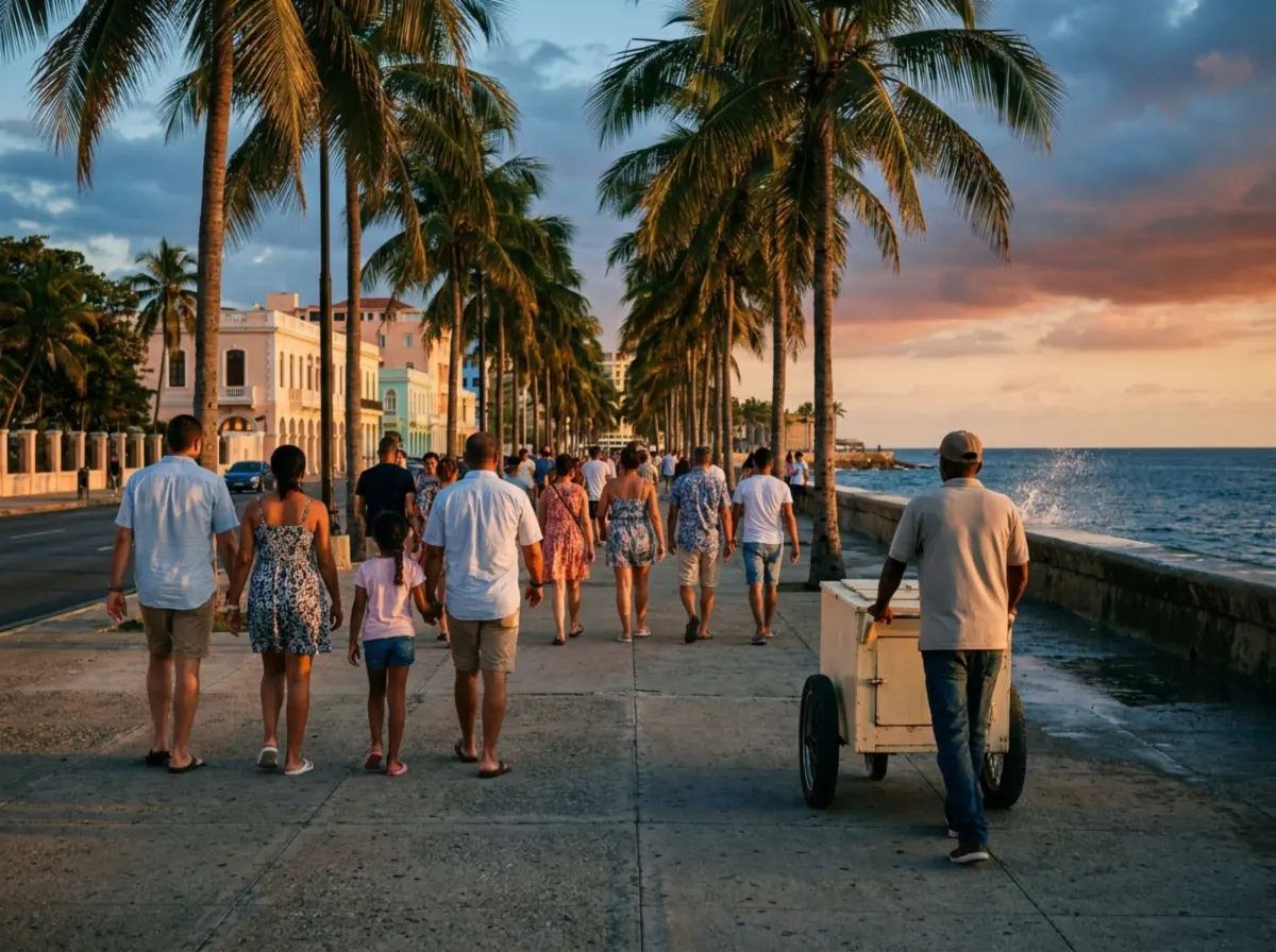 Familles en tenue d'été marchant sur le Malecón de Saint-Domingue au coucher du soleil, un marchand de glaces poussant sa charrette blanche.