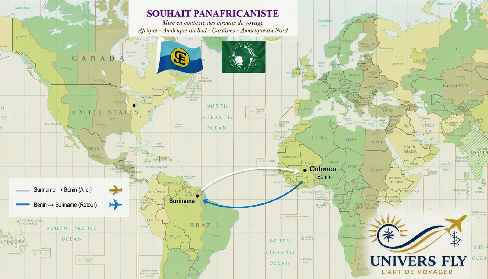 Carte figurant une liaison aller-retour entre le Suriname et Cotonou au Bénin.